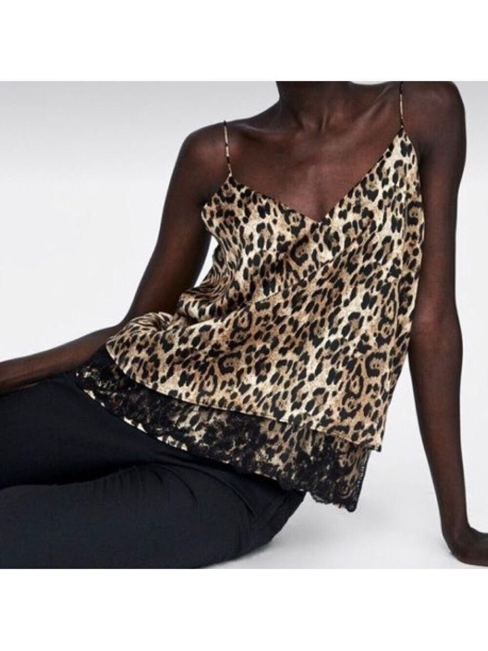 ZARA basic leopard and lace silky camisole layered tank size xs